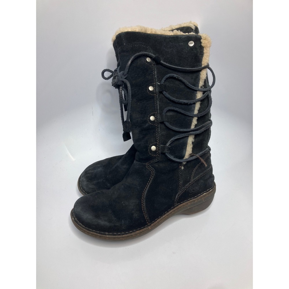 UGG Sunburst Tall Boots Womens 7 Black Good Suede Sheepskin Lace Up 5153